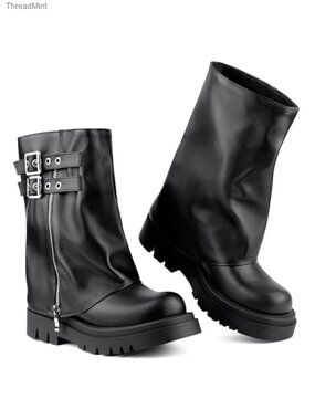 Women's Mid Calf Faux Leather Fold Over Moto Combat Boots Platform Slip-On